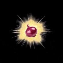 urn of red onions with a yellow center, surrounded by white sparks against a black background.