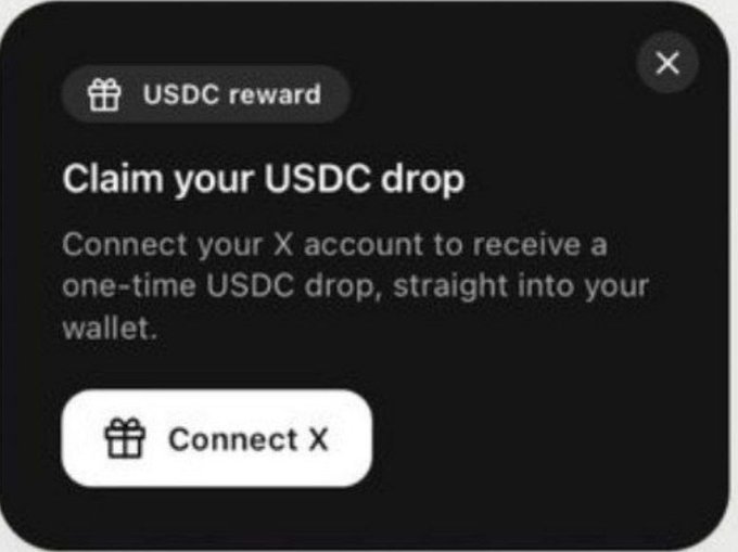 A dark-themed pop-up window prompting users to 'Claim your USDC drop' by connecting their X account, with a 'Connect X' button.