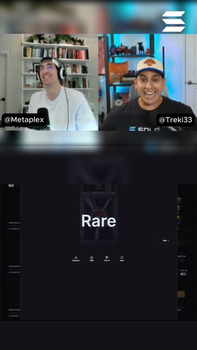 The image shows two men wearing baseball caps, one of whom has a "T" on his hat. They are both sitting at a table or desk while talking into microphones. The background features a bookshelf filled with various books. The caption for the image reads: "POV: You pulled a PSA #1998 Vending Machine Cubone on stream with @metaplex".