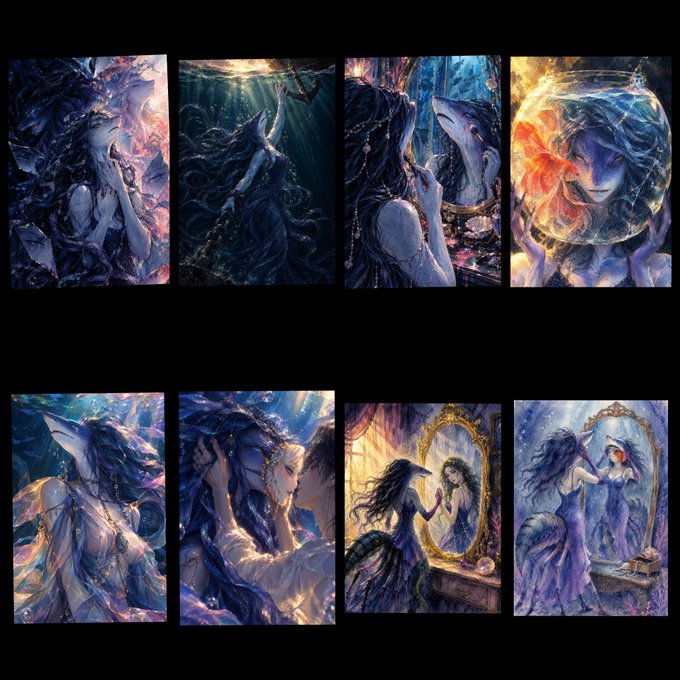 A collage of eight fantasy digital artworks features ethereal blue-skinned elven women with pointed ears in various mystical settings.