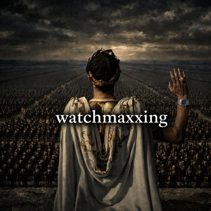 A dramatic image of a crowned figure in a white and gold robe overlooking a vast army of soldiers, with a luxury watch visible on their raised hand, overlaid with the text 'watchmaxxing'.