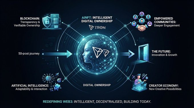 An infographic showcasing the Tron ecosystem, featuring a central AI head logo with surrounding nodes for 'Blockchain: Transparency & Verifiable Ownership,' 'AI NFT: Intelligent Digital Ownership,' 'Empowered Communities: Deeper Engagement,' 'The Future: Innovation & Growth,' 'Creator Economy: New Creative Possibilities,' 'Artificial Intelligence: Adaptability & Interaction,' and 'Digital Ownership.' It includes a '50-post journey' arrow and the tagline 'Redefining Web3: Intelligent, Decentralised, Building Today.'