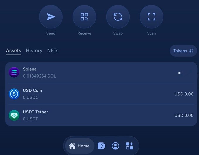 A cryptocurrency wallet app interface showing Send, Receive, Swap, and Scan buttons, with assets listed including Solana (0.01349254 SOL), USD Coin (0 USDC), and USDT Tether (0 USDT).