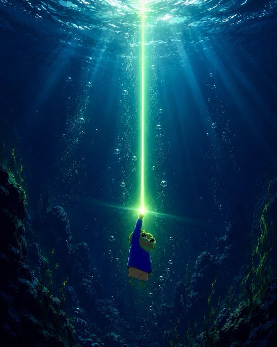 A Pepe character in a blue shirt floats underwater, reaching up toward a bright green laser beam shining down from the surface.