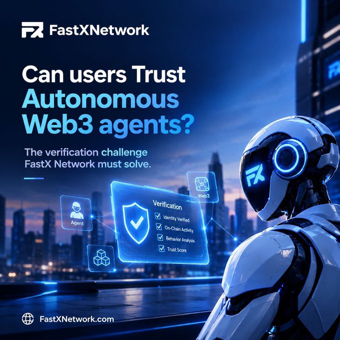 An advertisement for 'FastXNetwork' features a futuristic robot and asks 'Can users Trust Autonomous Web3 agents?', highlighting the 'Verification challenge' it must solve.
