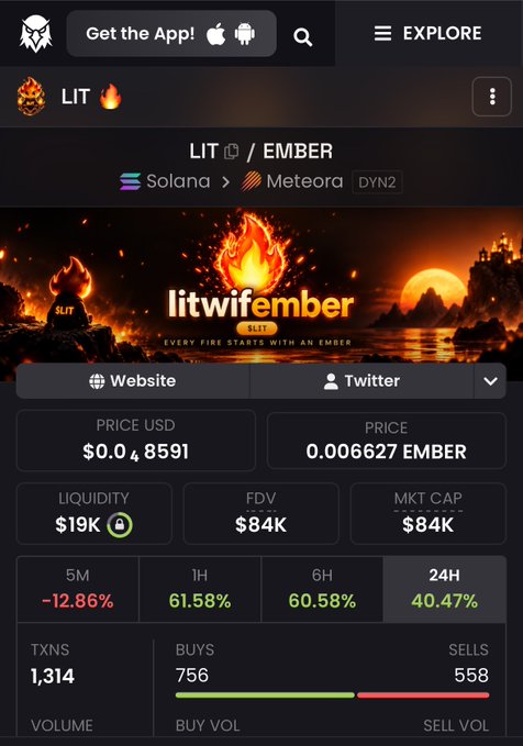 A screenshot of the LIT/EMBER meme coin trading page on a Solana DEX (Meteora), showing a price of $0.0004591, $19K liquidity, an $84K market cap, and a $1,314 transaction count with 756 buys versus 558 sells, evidently being used to pitch the token to Eric Trump.