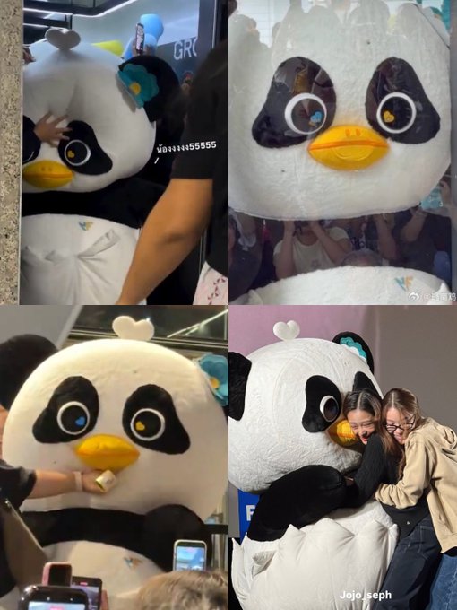 A collage of four images shows a large plush panda mascot with a yellow duck-like beak and big eyes, being hugged and posed with by people in what appears to be a crowded event or convention setting, with the watermark "Jojo_jseph" visible and Chinese text reading "与过往死去的自己和解" (reconcile with the past self who has died). The images relate to the caption about LUNAR through the mascot's tender, self-embracing pose—mirroring the sentiment of an embrace that comes naturally without effort, as if the mascot itself is offering or receiving a comforting hug.
