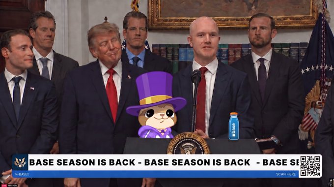 A press conference featuring President Trump alongside other officials, with a chibi-style cartoon character in a purple top hat and suit edited onto the podium, and a 'BASE SEASON IS BACK' ticker at the bottom.
