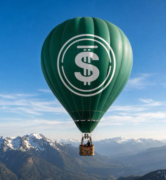 A green hot air balloon featuring the "S" USDD logo floats above snow-capped mountains, symbolizing the steady, elevated rise of sustainable crypto yields—mirroring the post's message that long-term stability through sUSDD matters more than chasing the highest APY.
