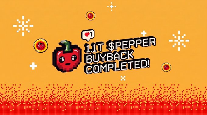 Pixel art graphic on orange background with a smiling red pepper character and text reading '1.1T $PEPPER BUYBACK COMPLETED!' accompanied by small pepper coin icons.