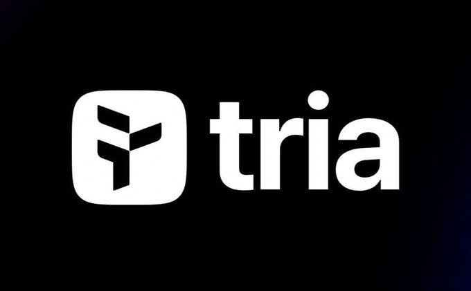 A black background displaying the white logo and wordmark for "tria" alongside its stylized 'Y' icon.