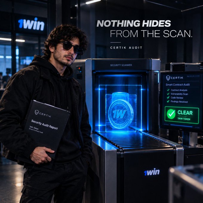 A promotional graphic showing a man in sunglasses holding a 'CERTIK Security Audit Report' folder next to a security scanner displaying a '1WIN TOKEN' marked as 'CLEAR', with text 'NOTHING HIDES FROM THE SCAN.'