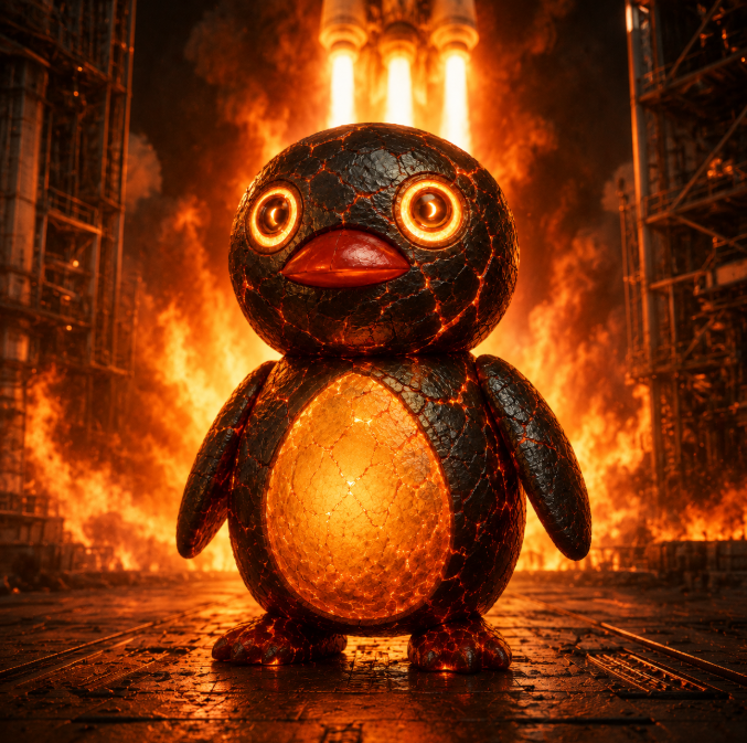 A dark, rocky penguin-like creature with glowing orange eyes and cracked, lava-filled body stands against a backdrop of intense flames and industrial structures.