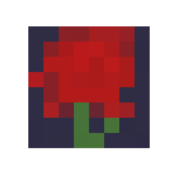 A pixel art image of a red rose with a green stem against a dark blue background.