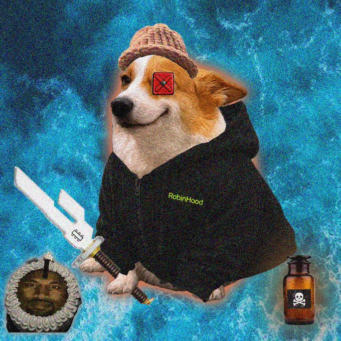 The image is a meme-style illustration of a Corgi wearing a beanie and a black hoodie branded "RobinHood," holding a sword and surrounded by loot items including a medal, a bottle of poison, and a patch with an X. The post references an OpenSea FCFS (First Come First Served) NFT drop, with the meme humorously casting the Corgi as a "Robin Hood" bandit selecting which collection to "raid" next.