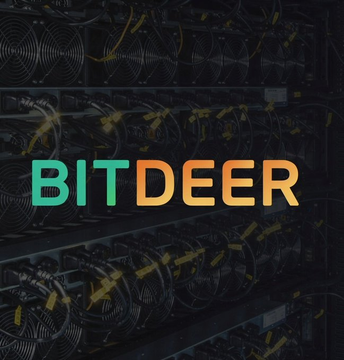 The image shows the Bitdeer logo prominently displayed in gradient teal and orange text against a background of densely packed cryptocurrency mining hardware, illustrating the company's mining operations context. This visual ties to the accompanying news about Bitdeer (ticker: BTDR) selling 1,506 Bitcoin in August for $105 million, with the mining rigs in the background representing the company's core business that generated the BTC being sold.