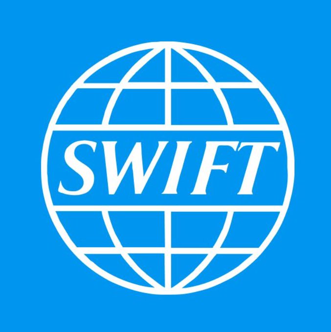 The blue and white logo of SWIFT (Society for Worldwide Interbank Financial Telecommunication), featuring a stylized globe.
