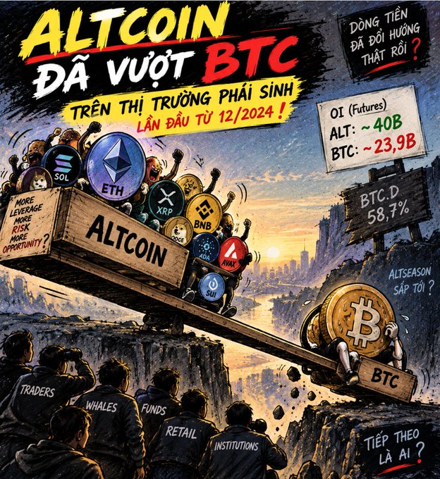 A Vietnamese infographic titled "ALTCOIN ĐÃ VƯỢT BTC TRÊN THỊ TRƯỜNG PHÁI SINH LẦN ĐẦU TỪ 12/2024!" depicting altcoins overpowering BTC on a seesaw, with BTC dominance at 58.7% and altcoin/BTC OI (Futures) figures of ~40B and ~23.9B respectively.