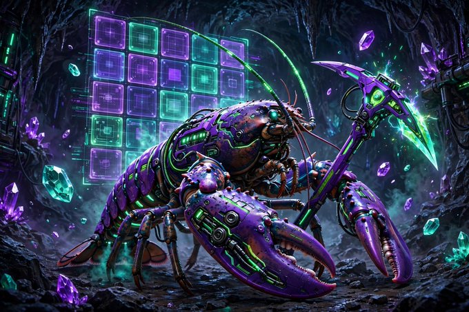 A vibrant sci-fi illustration of a mechanical, purple and green robotic lobster or crayfish wielding a glowing axe in a crystal-filled cave, with a glowing grid panel in the background.