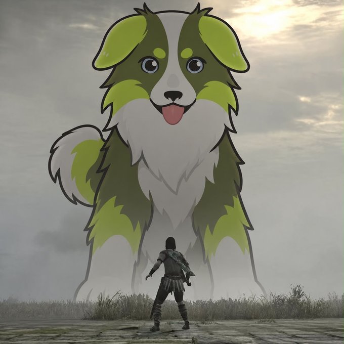 A video game screenshot showing a character from Shadow of Mordor facing a giant cartoon-style green and white dog looming over them in a misty landscape.