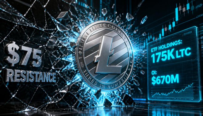 Digital artwork showing a Litecoin (LTC) coin breaking through glass with text '$75 RESISTANCE' and a chart displaying 'ETF HOLDINGS: 175K LTC OI: $670M'.