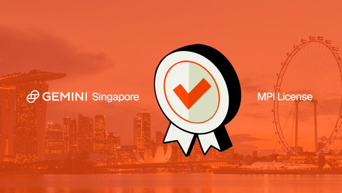 The image features a bold orange banner showcasing the Singapore skyline, including Marina Bay Sands and the Singapore Flyer, overlaid with the text "GEMINI Singapore" on the left and "MPI License" on the right, separated by a checkmark badge in the center—visually celebrating Gemini's newly received Major Payment Institution license from the Monetary Authority of Singapore.