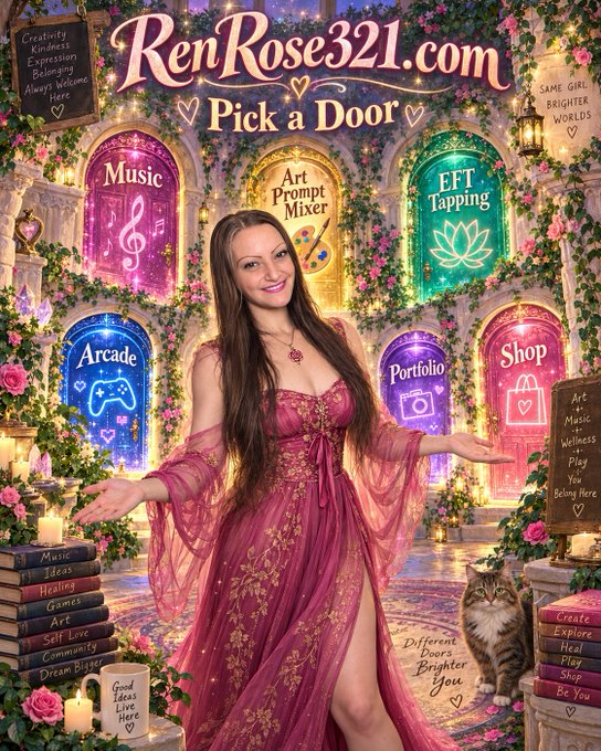A fantasy-themed promotional graphic for "RenRose321.com" features a woman in a pink dress standing among glowing magical doors labeled Music, Art Prompt Mixer, EFT Tapping, Arcade, Portfolio, and Shop, with a cat and books.