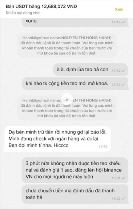 A Vietnamese-language cryptocurrency transaction dispute showing a USDT sale for 12,688,072 VND, with messages in Vietnamese and an alleged user 'Hanhkiyo (NGUYEN THI HONG HANH)' marking payment complete before funds are received.