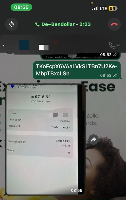 A screenshot of a WhatsApp conversation shows a user named "De~Bendollar" sending a Tron (TRX) network transaction of $716.52 USDT (-716.8488 USDT) with a fee of 9.1322 TRX (≈ $3.19), currently pending. The image illustrates the "deal sealed" mentioned in the post, showcasing a completed crypto transaction in the web3 space.
