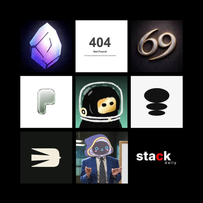 A grid of various app icons and logos on a black background, including a purple 3D logo, a '404 Not Found' page, a '69' graphic, an avocado, a ninja in a spacesuit, a black logo, a cat-headed businessman in a suit, and the 'stack daily' logo.