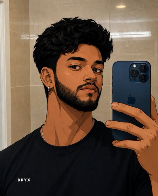 An illustrated stylized portrait of a young man with curly hair, an earring, and a black shirt taking a selfie with a blue Apple iPhone, signed 'BRYXX'.