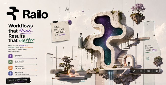 An advertisement for 'Railo' features the tagline 'Workflows that think. Results that matter.' with features listed as 'AUTOMATE', 'COLLABORATE', 'INTELLIGENCE', and 'INTEGRATION', credited to 'art by @bitmext'.