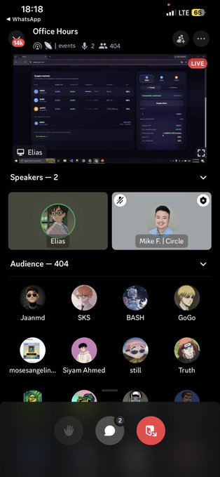 A screenshot of a WhatsApp Space titled 'Office Hours' with 404 participants, showing two speakers (Elias and Mike F. | Circle) and a grid of audience members.