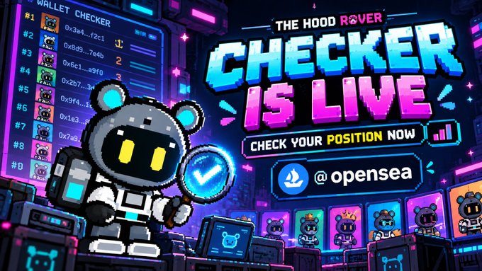 A vibrant pixel-art promotional image for "The Hood Rover" NFT collection featuring a robot character with a magnifying glass, displaying "CHECKER IS LIVE" and "CHECK YOUR POSITION NOW" alongside a ranked wallet checker list (entries #1-#9) and the @opensea logo. The artwork visually supports the announcement that the project's checker tool has launched, allowing holders to verify their mint positions for the upcoming October 6th drop on Robinhood Chain.