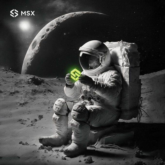 An astronaut sits on the moon's surface holding a glowing green MSX cryptocurrency logo, with Earth visible in the background and the MSX brand displayed in the top left.
