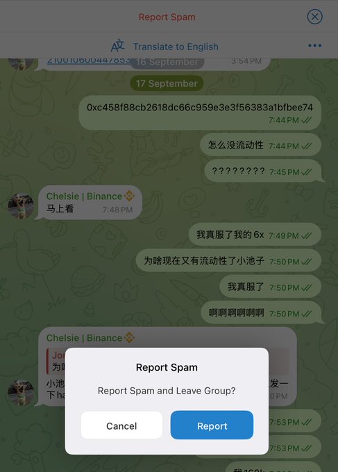 A Telegram chat screenshot showing a 'Report Spam' dialog box with options to 'Report Spam and Leave Group,' along with messages in Chinese and English including 'Chelsie | Binance' contacts.