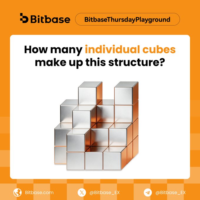 An orange Bitbase graphic for “BitbaseThursdayPlayground” asks, “How many individual cubes make up this structure?” and shows a 3D stack of cubes, inviting users to count hidden cubes for a 50 USDT bonus.