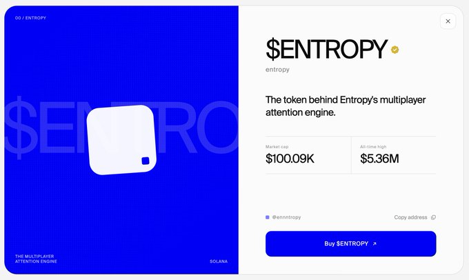 A trading interface displays the $ENTROPY token, described as "The token behind Entropy's multilayer attention engine," with a market cap of $100.09K, all-time high of $5.36M, and a buy button. The image aligns with the announcement of Entropy launching attention markets on Robinhood Crypto and Pumpfun, highlighting the token's recent trading activity.