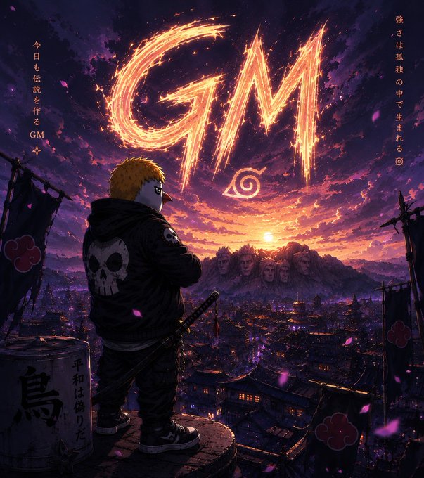 Anime-style artwork featuring a character with blonde hair and a skull jacket overlooking a sunset cityscape, with 'GM' written in fiery letters in the sky and Japanese text on the sides.