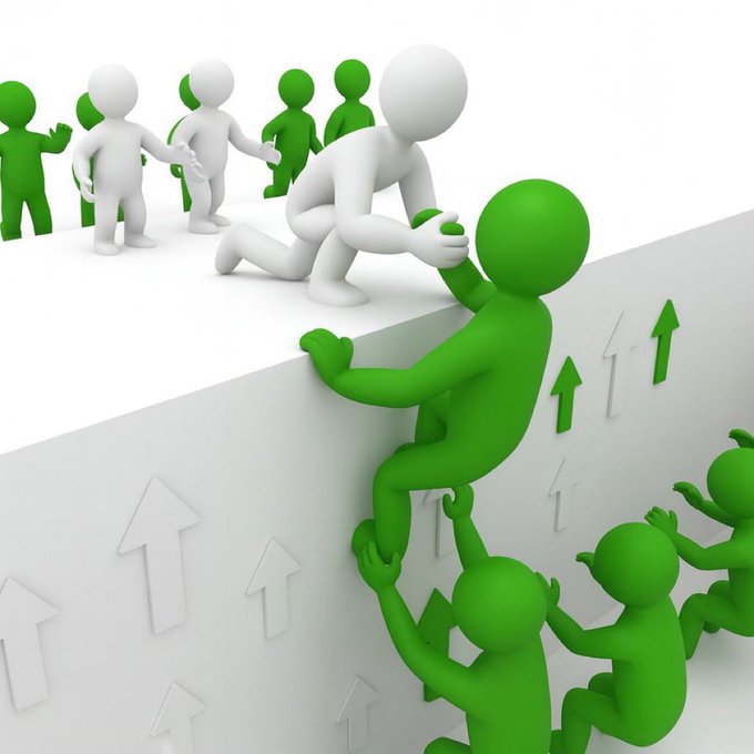 A 3D illustration showing white and green figures working together to climb up a wall, symbolizing teamwork, collaboration, and upward progress with arrow graphics.