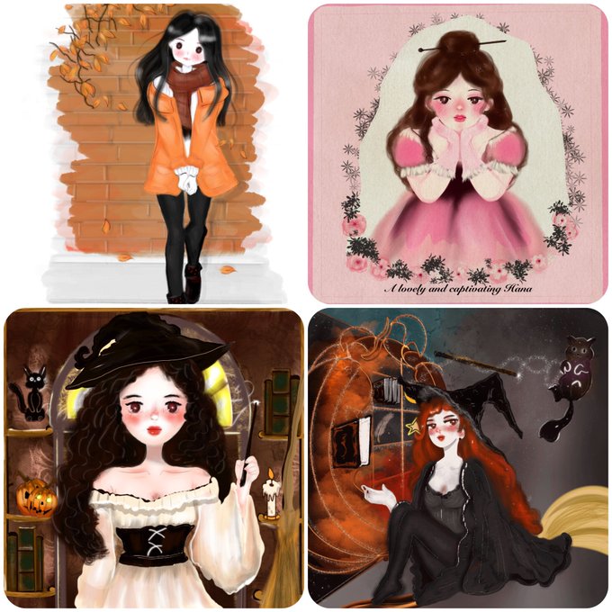 Four illustrated portraits show stylized female figures: one in an orange coat by a brick wall, one in a pink dress with text "A lovely and captivating Riana", a witch in a black hat, and a witch with a broom and black cat.
