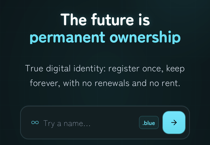 An advertisement for the .blue domain registry with the headline "The future is permanent ownership" and a search bar reading "Try a name..."