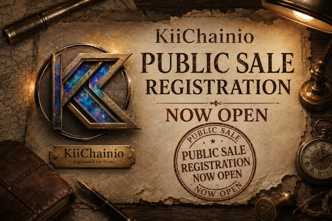 A vintage-styled advertisement for KiiChainio public sale registration now open, featuring a metallic logo, aged parchment background, compass, pocket watch, and fountain pen.
