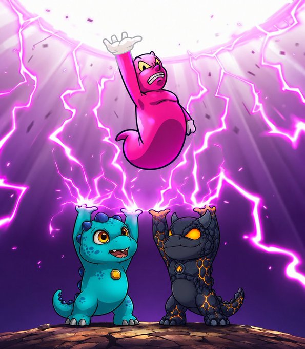 A vibrant digital illustration featuring three cartoon monster characters—a pink ghost-like creature floating above with a raised hand, while a blue dragon and a dark volcanic monster stand below amid purple lightning.