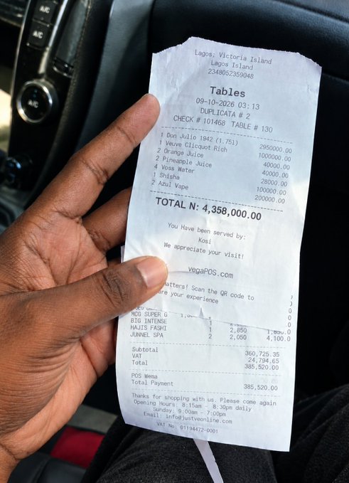 A hand holds a Tables restaurant receipt from Lagos, Victoria Island (09-10-2026) showing a "DUPLICATA # 2" with items including Don Julio 1942 ($295,000), Orange Juice, Voss Water, and a Shisha order totaling N4,358,000 — a generous Lagos dinner outing captured alongside the caption "life is good."