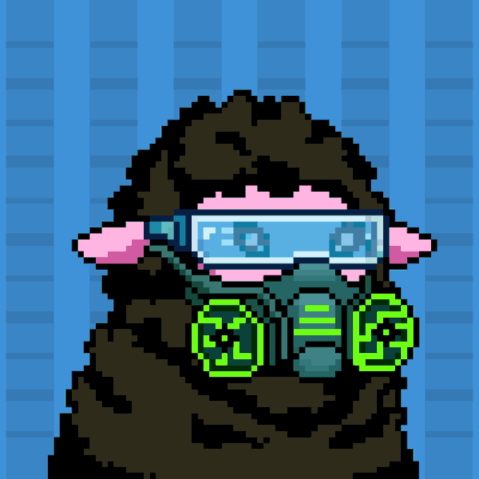 Pixel art of a hooded figure with glowing green goggles against a blue plaid backdrop.