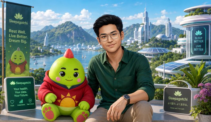 A promotional image for Sleepagotchi showing a young man with glasses sitting next to a green mascot character, with the slogan 'Rest Well. Live Better. Dream Big.' against a futuristic city backdrop.
