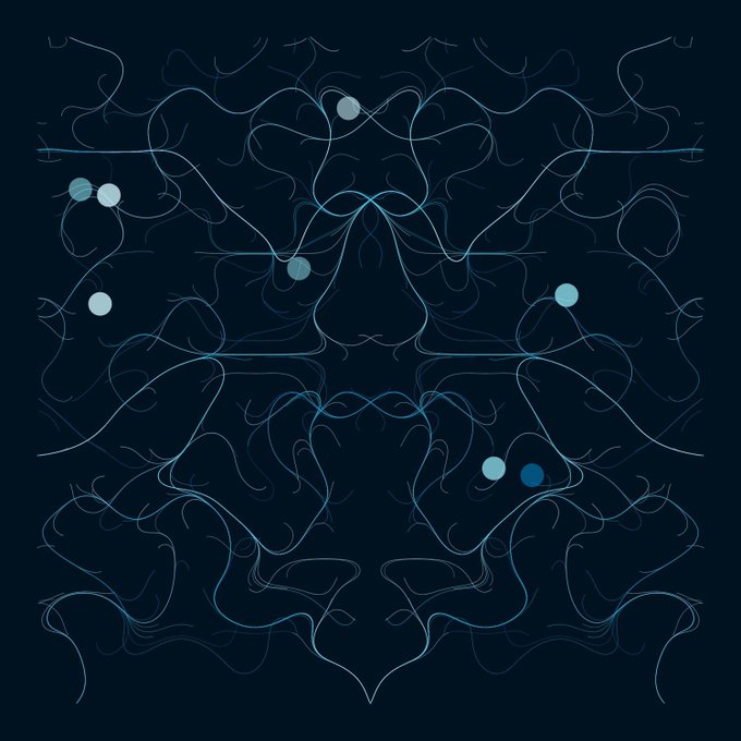 An abstract, symmetrical digital artwork featuring intricate, intertwining light blue lines and dots on a dark navy background, resembling neural networks or tendrils.