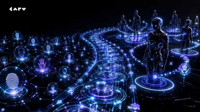 The image displays glowing humanoid figures and identity icons like handprints and user profiles connected through a luminous network of nodes and pathways, symbolizing digital identity and connectivity. In the top-left corner, the text "<AFV" is visible. The visuals reinforce the post's message by depicting a vast onchain identity network for 9 million humans that is now being extended to AI agents.