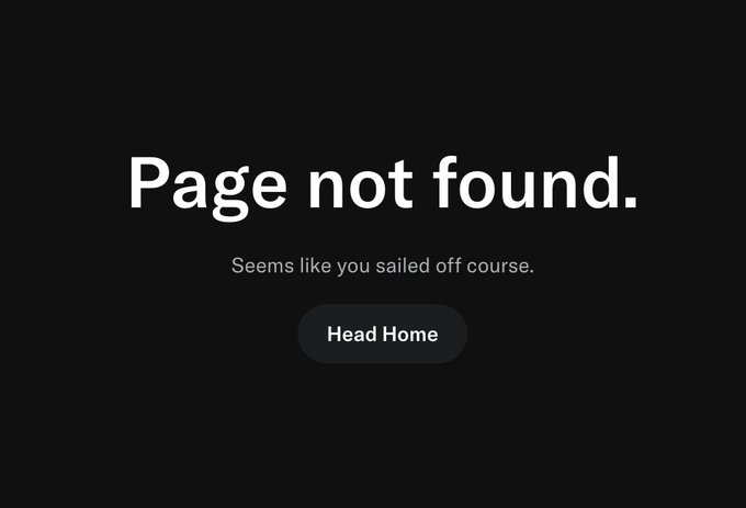 A dark webpage displaying a 'Page not found.' error message with the subtitle 'Seems like you sailed off course.' and a 'Head Home' button.